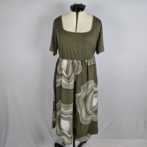 Bloomchic Dress Women's Large Short Sleeve Midi Contrast Olive Green White Swirl - Picture 1 of 10